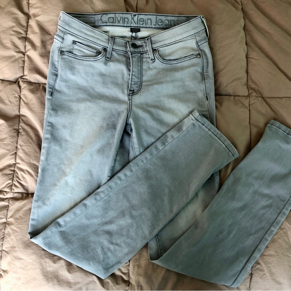 Calvin Klein light gray colored stretchy denim pants.
